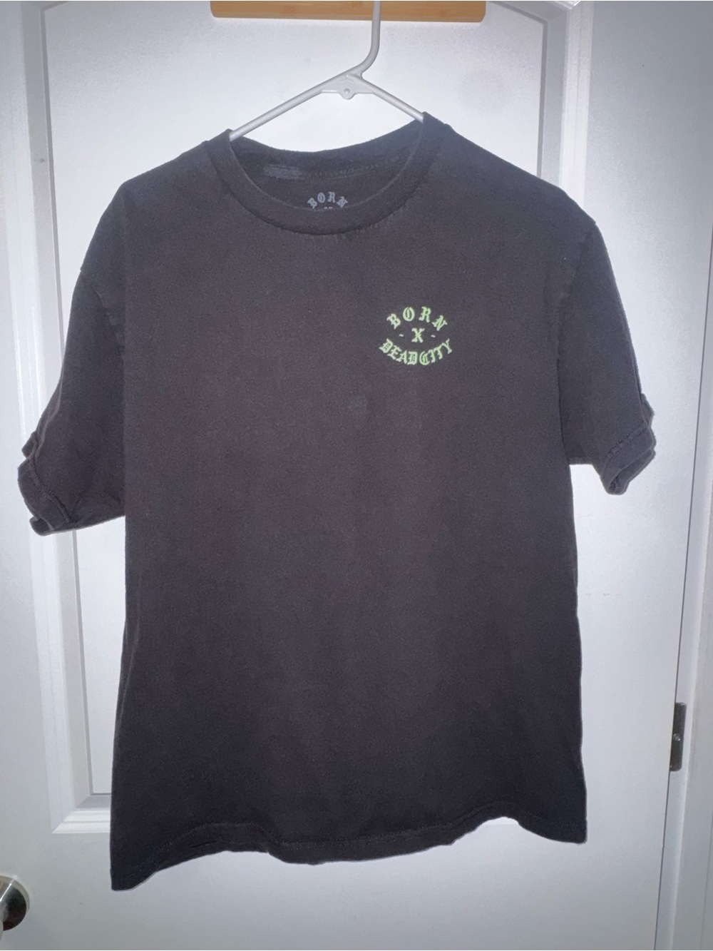 BORN X RAISED Black Kids Short Sleeve Tee with Neon Green Chest Logo